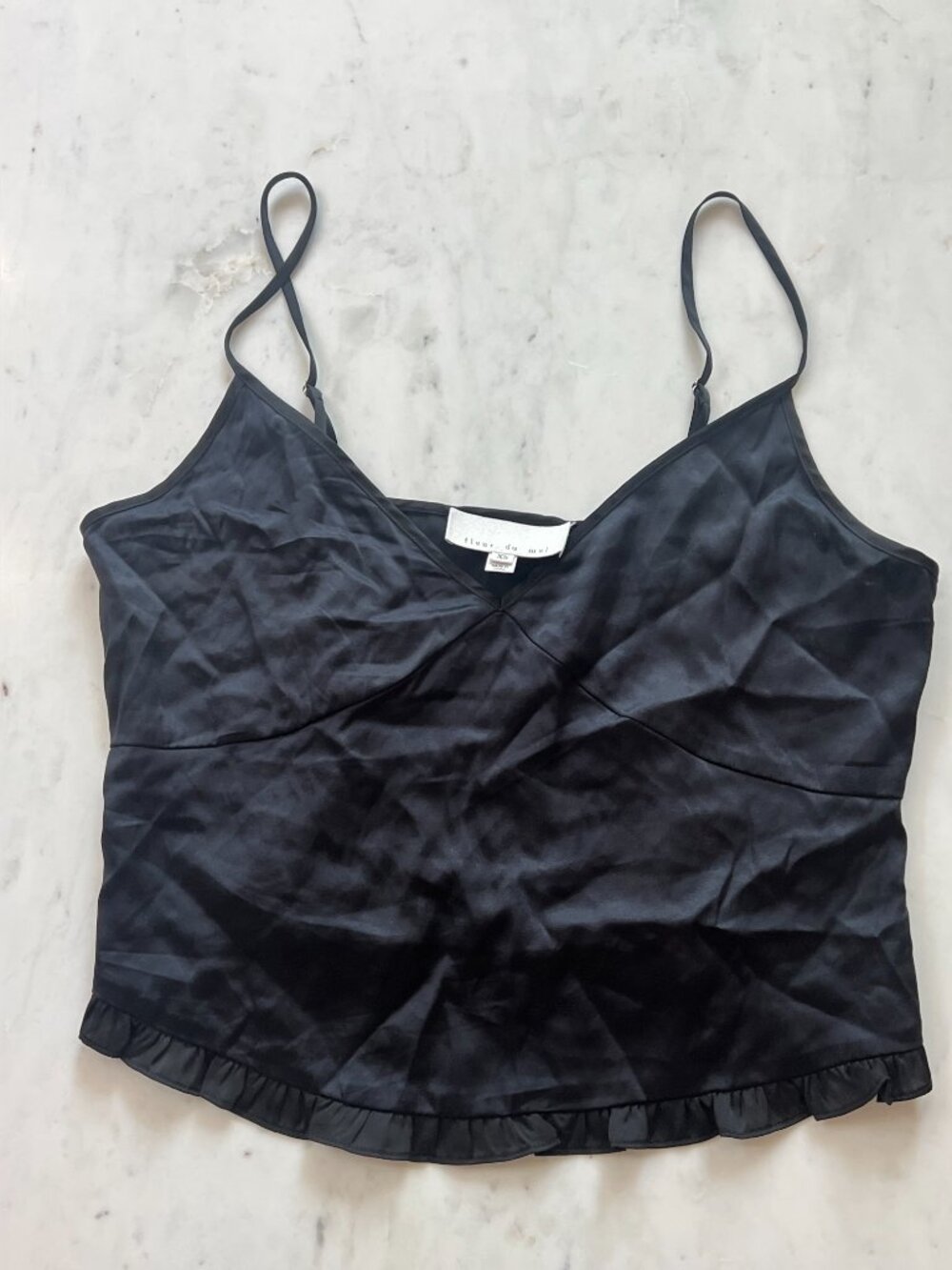 Fleur du Mal Black Silk Satin Ruffle Hem Cami Top XS